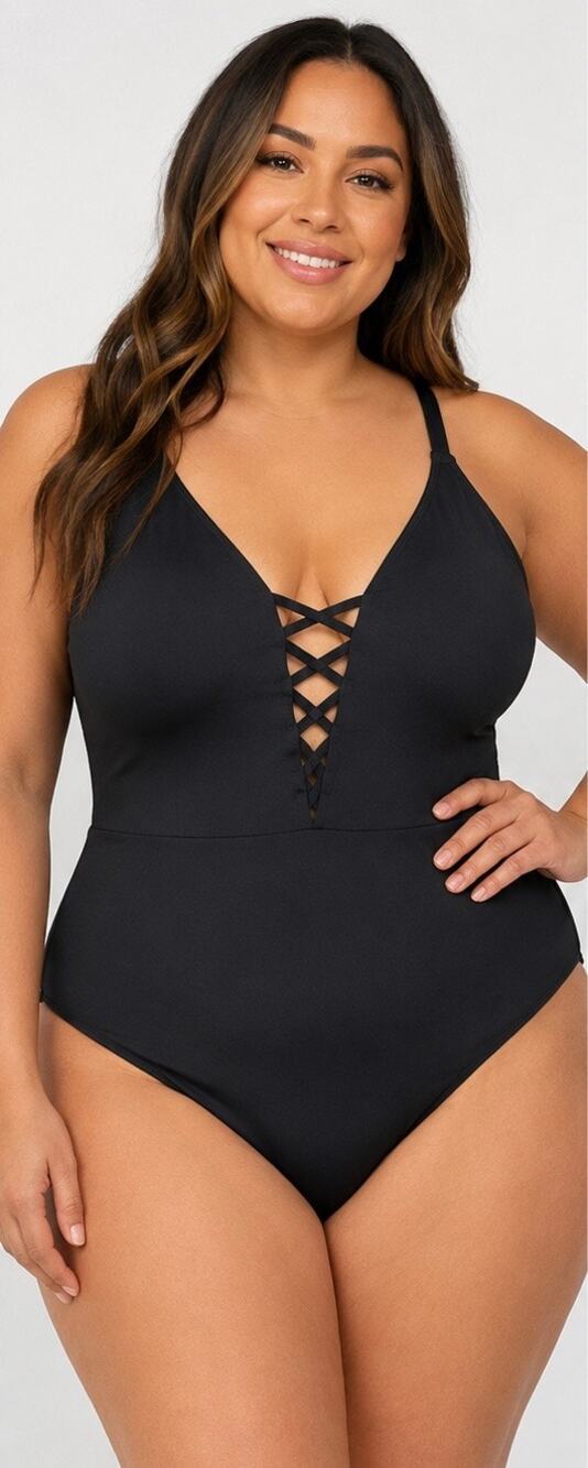 Dippen Daisy 2X Black One Piece Swimsuit NWT Lace Up Back Sustainable Plus Size